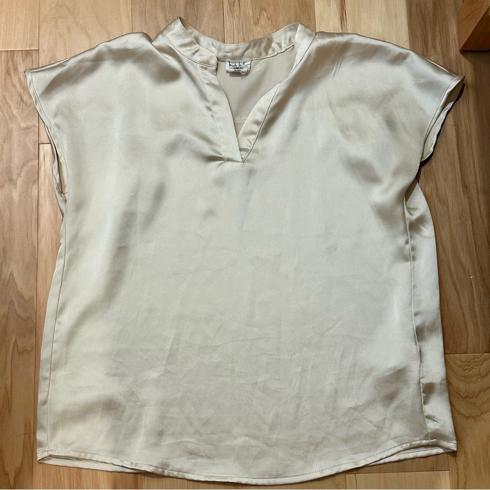Nicole Miller champagne-colored cream satin short-sleeve top